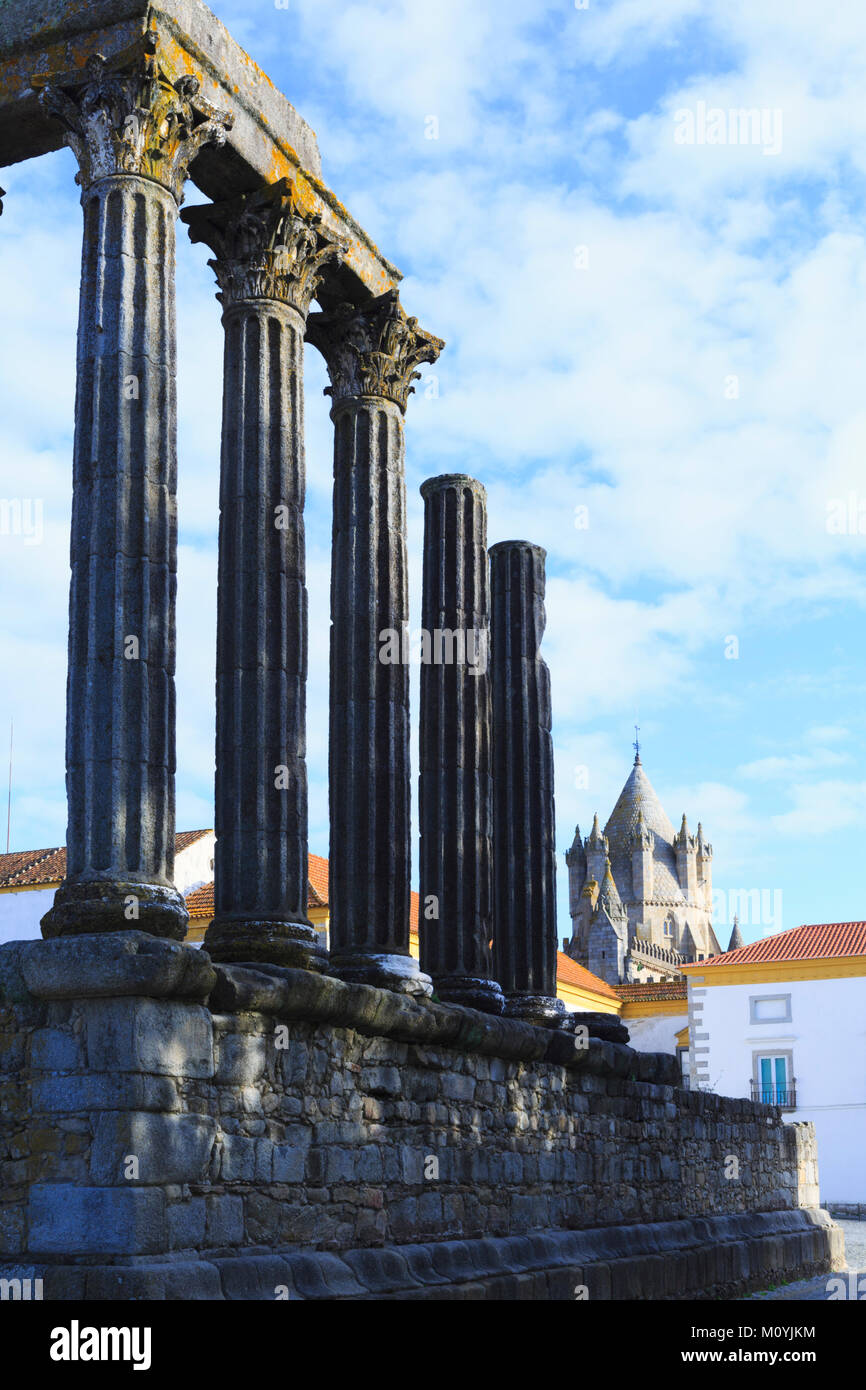 Ruined Roman temple in the main square of Evora city in the Alentejo region of Portugal Stock Photo