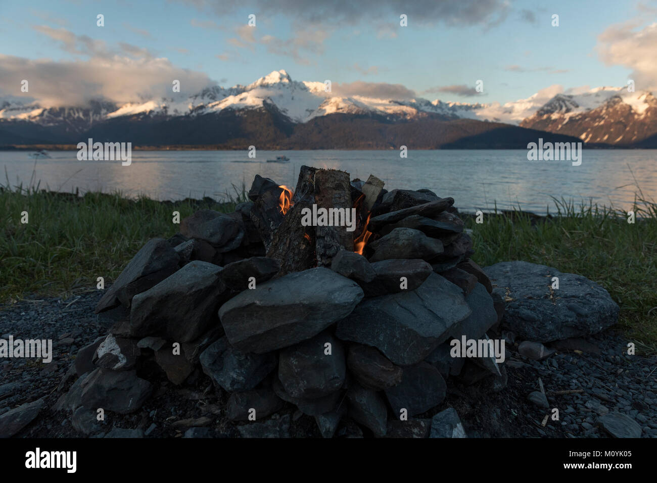 Close up of rocks surrounding campfire Stock Photo