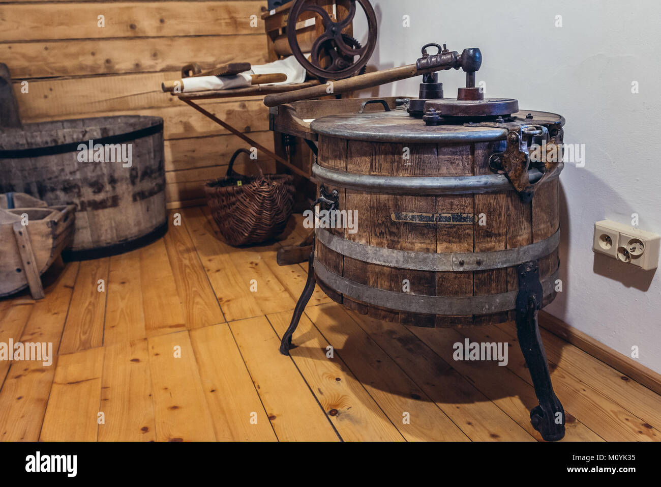German Miele antique washing machine dates from 1908 in Museum of Folk Culture in Wegorzewo town, Warmian-Masurian Voivodeship of Poland Stock Photo