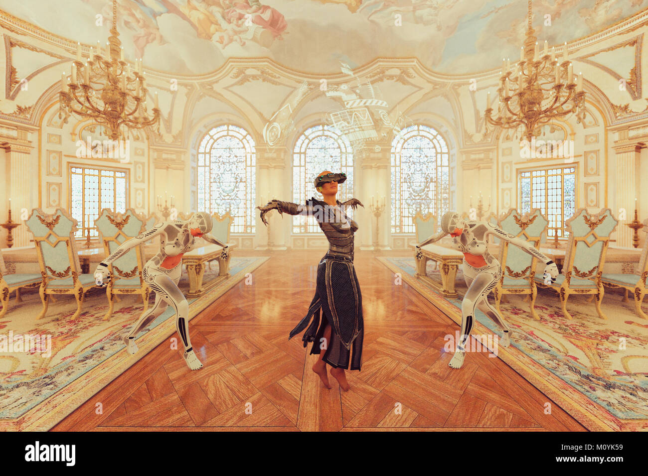 Woman wearing virtual reality goggles dancing in ballroom Stock Photo