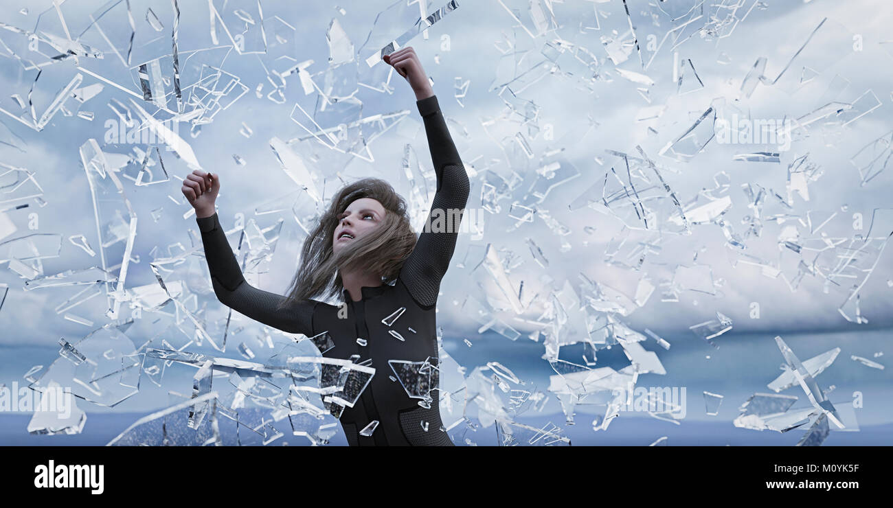 Shards of glass falling on woman Stock Photo