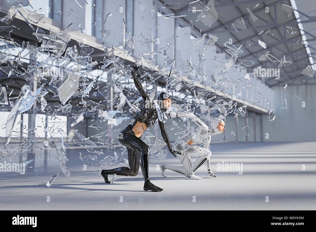 Shards of glass surrounding futuristic woman and android Stock Photo