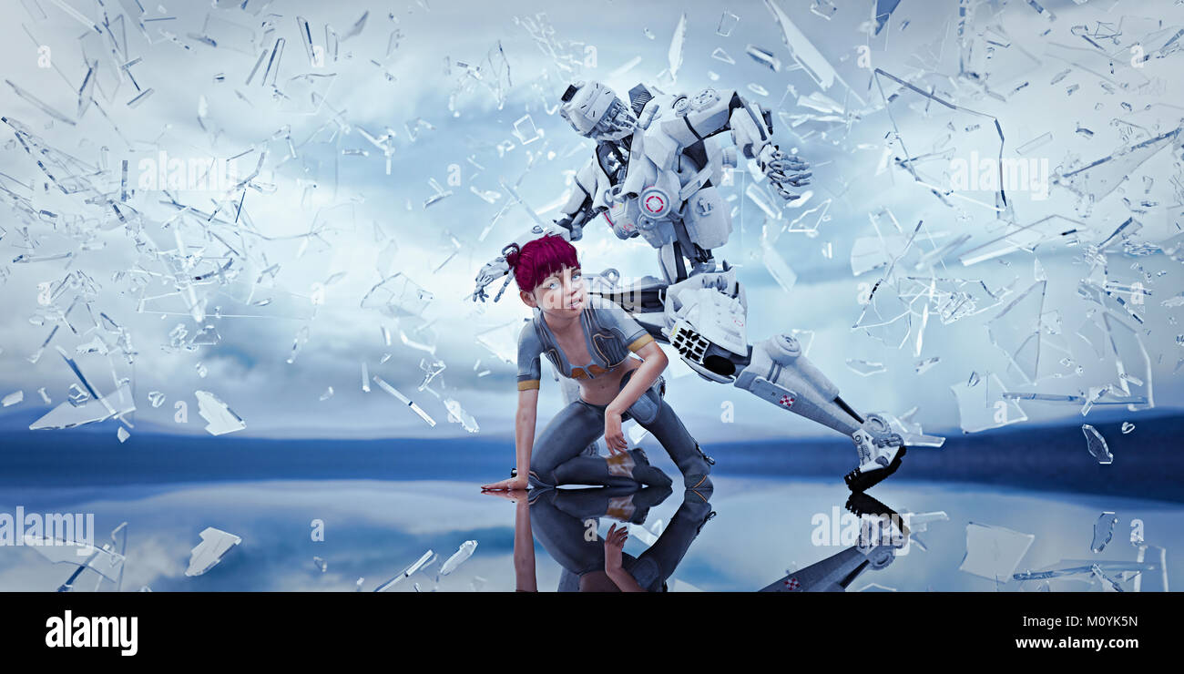 Robot protecting woman from falling shards of glass Stock Photo