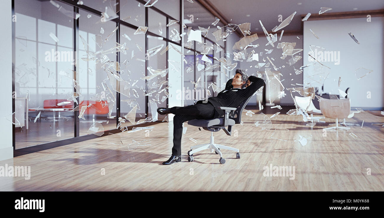 Businessman relaxing chair surrounded by shards of glass Stock Photo