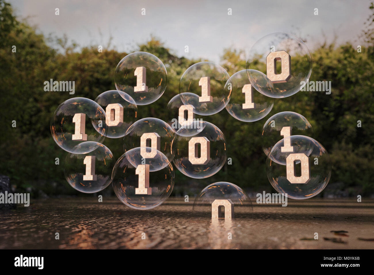 Binary code floating in bubbles above river Stock Photo