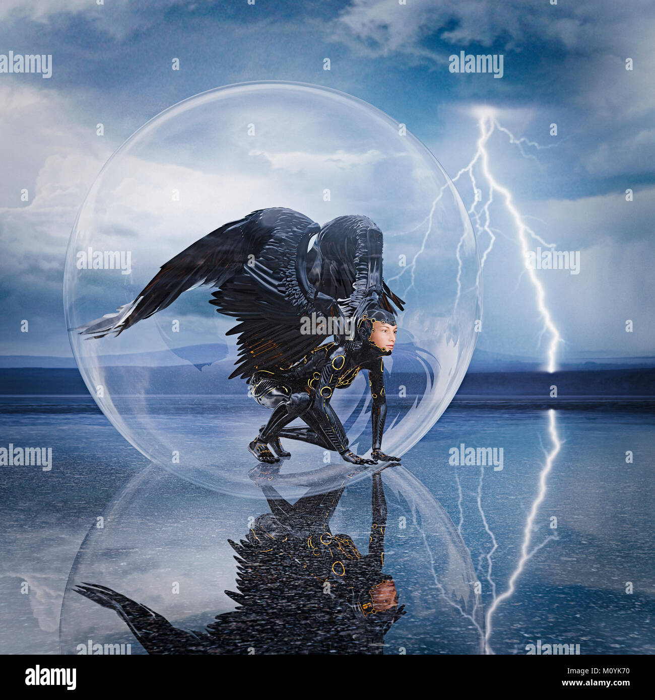 Woman with wings kneeling in sphere during lightning storm Stock Photo