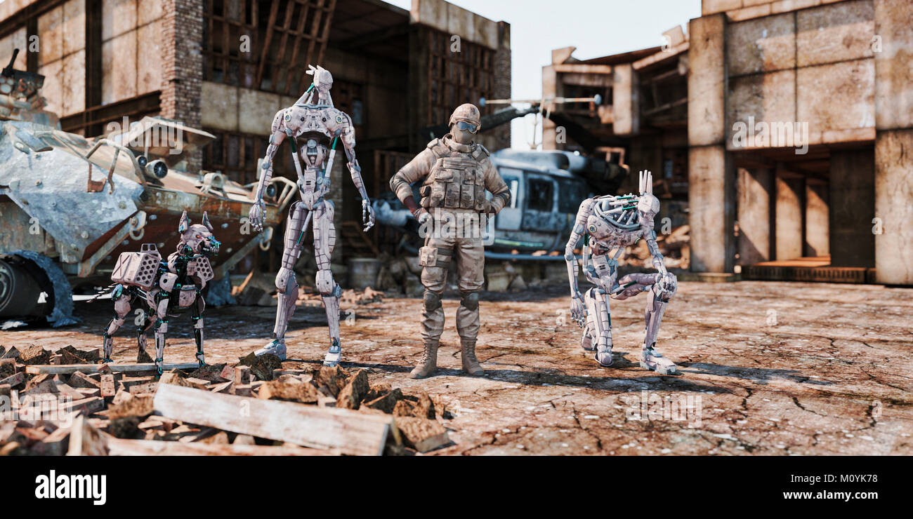 Soldier and military robots standing near rubble Stock Photo