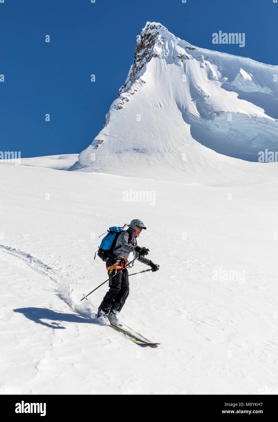 Alpine ski mountaineer skiing downhill in Antarctica; Nansen Island Stock Photo
