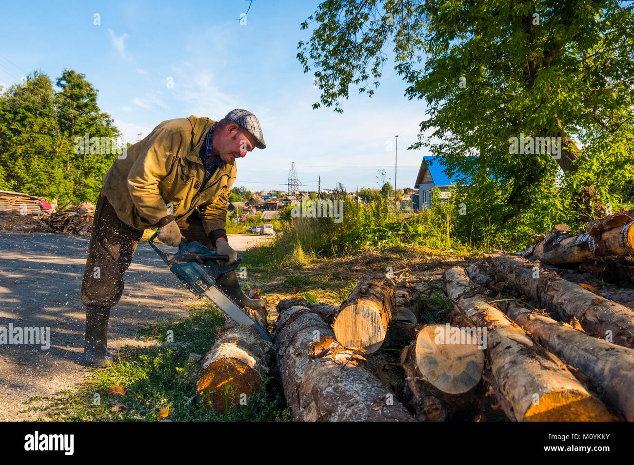 Caucasian man cutting logs with chainsaw Stock Photo
