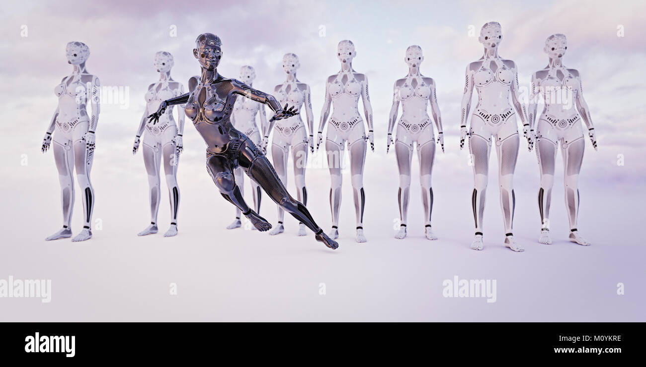 Black woman android running near white androids Stock Photo