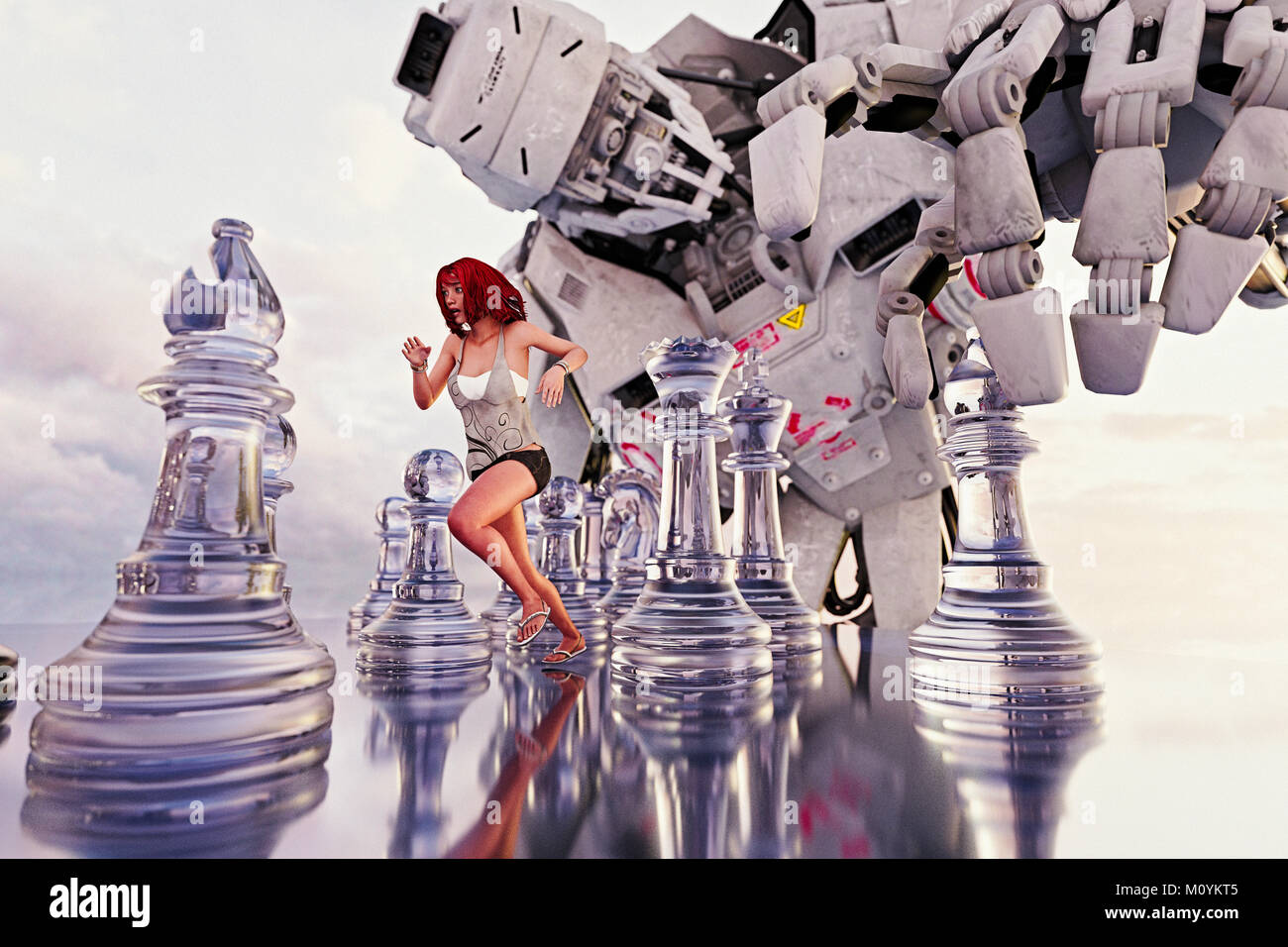 Woman running between chess pieces from giant robot Stock Photo