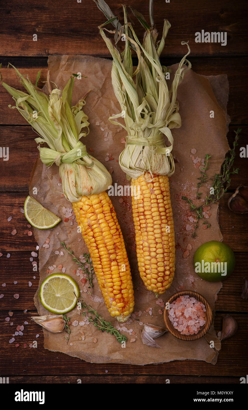 Roasted corn on the cob with lime and salt Stock Photo
