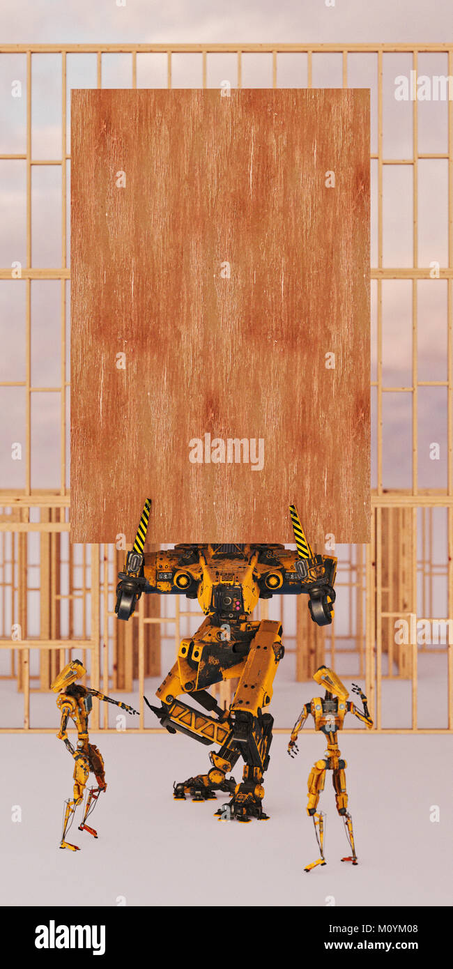 Construction robot holding wooden board with copy space Stock Photo