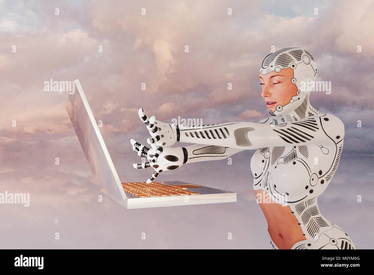 Robot woman using floating laptop Stock Photo