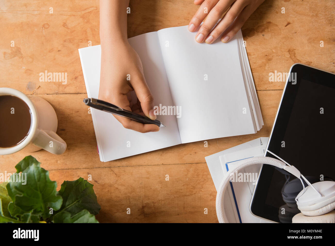 Hands of African American woman writing in journal Stock Photo