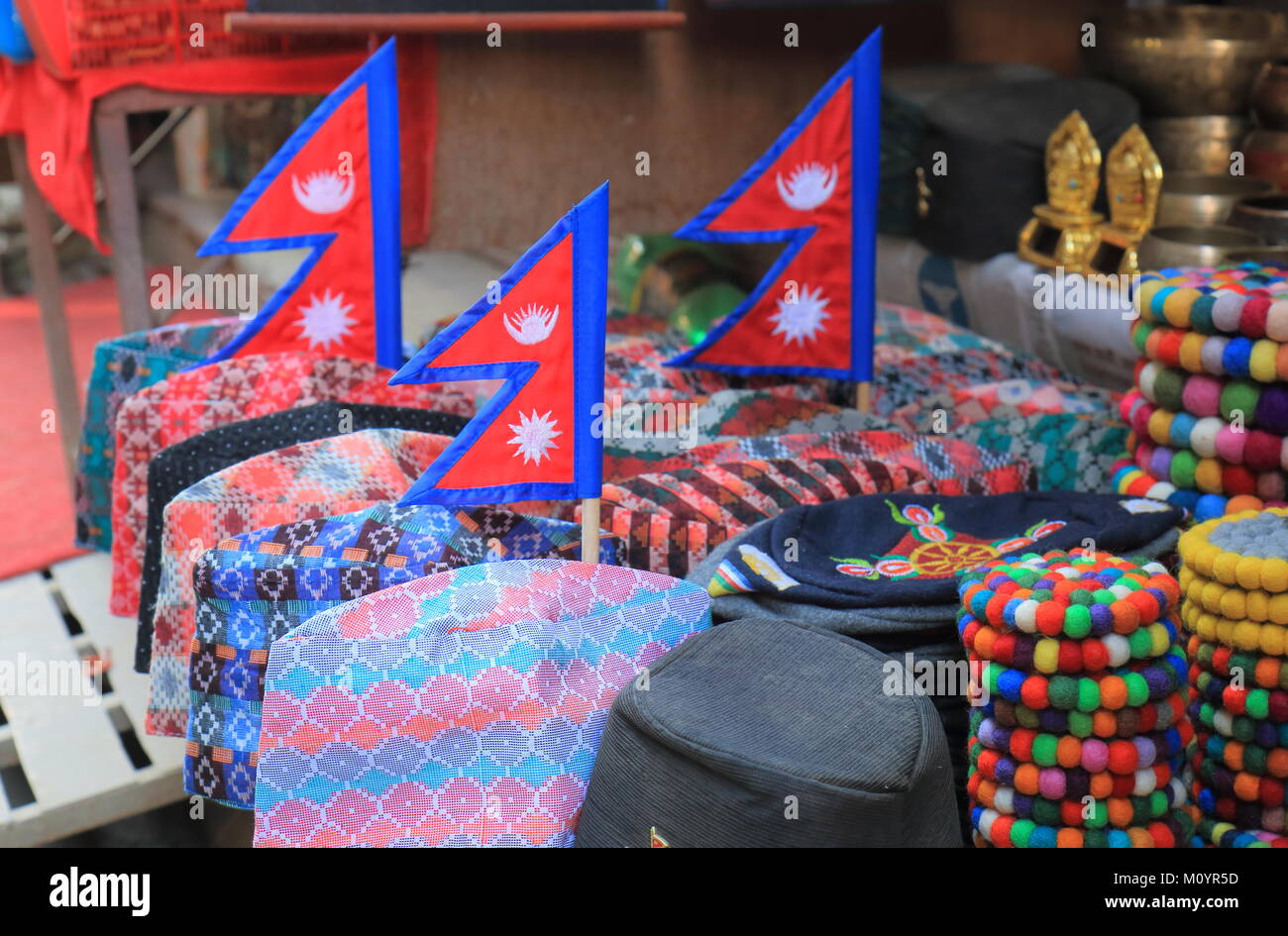 Souvenir shop displays Nepali hat Dhaka Topi in Kathmandu Nepal Stock