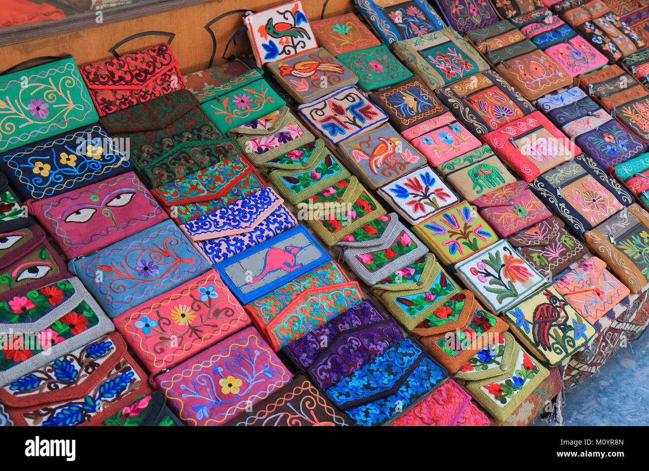 Souvenir shop displays handicraft pouch in Kathmandu Nepal Stock Photo