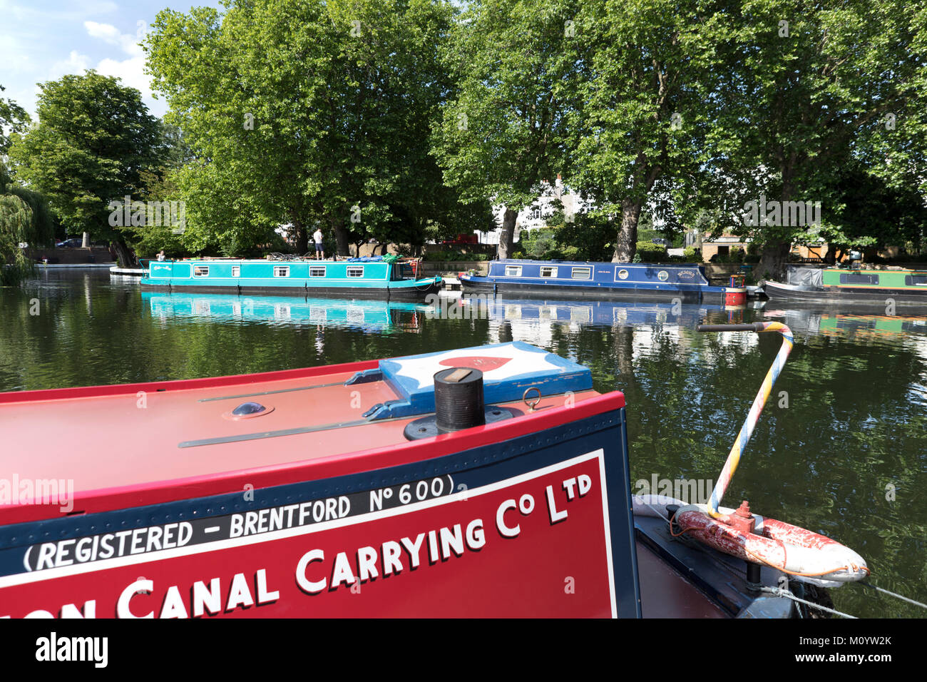 Narrow boats moored on the Regents canal at the Paddington arm Stock Photo