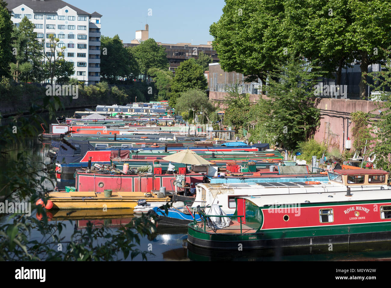 The Regents canal and moored boats at Maida vale. Stock Photo