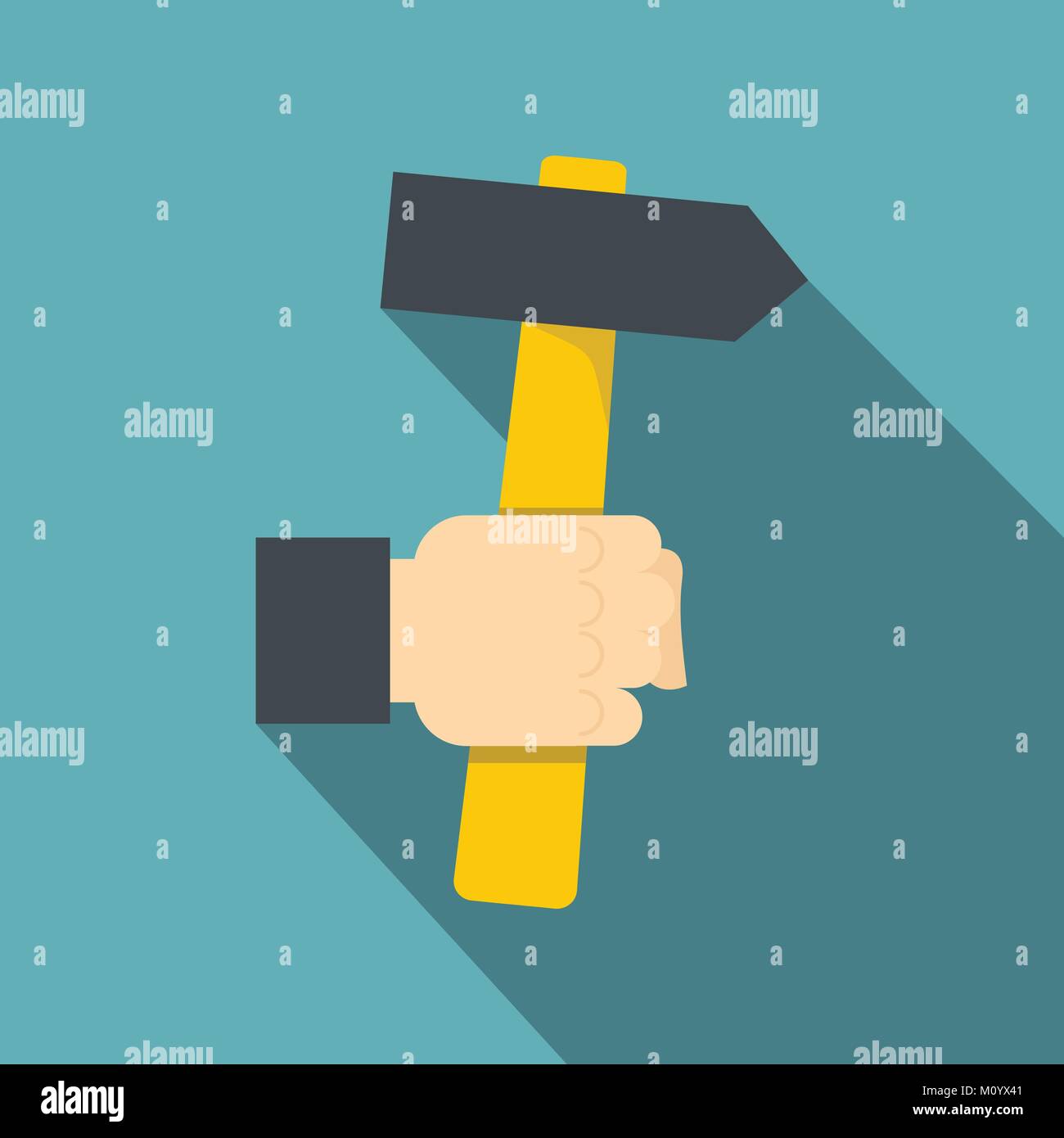 Hand hoding hammer with yellow tool icon Stock Vector