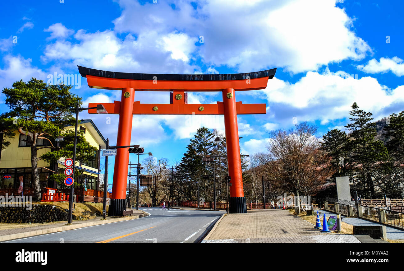 Nikko, Japan - Dec 26, 2015. Giant Torii at downtown in Nikko, Japan. Nikko is a popular destination for Japanese and international tourists. Stock Photo