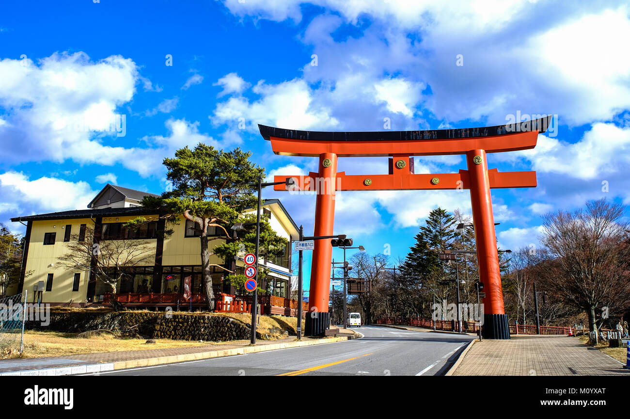 Nikko, Japan - Dec 26, 2015. View of Giant Torii at downtown in Nikko, Japan. Nikko is a popular destination for Japanese and international tourists. Stock Photo