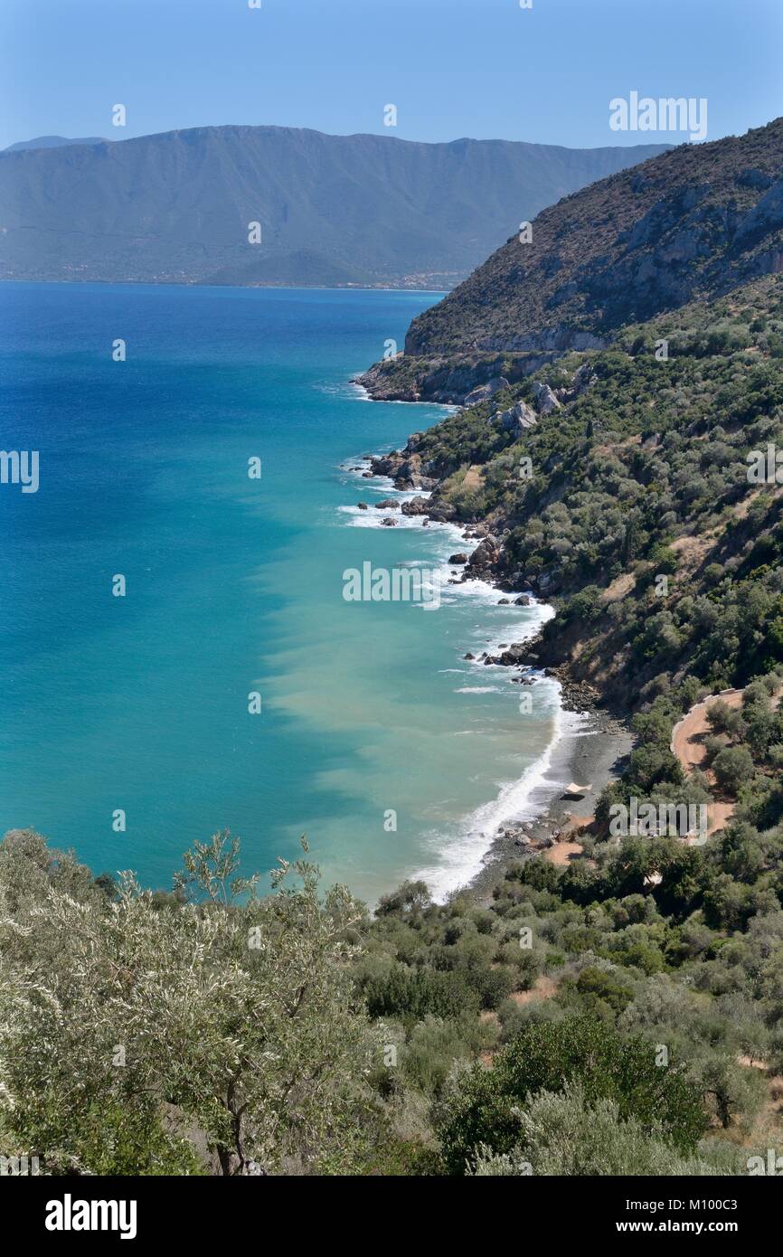 Overview of the coast of Arcadia just north of Leonidio, Peloponnese, Greece, August. Stock Photo
