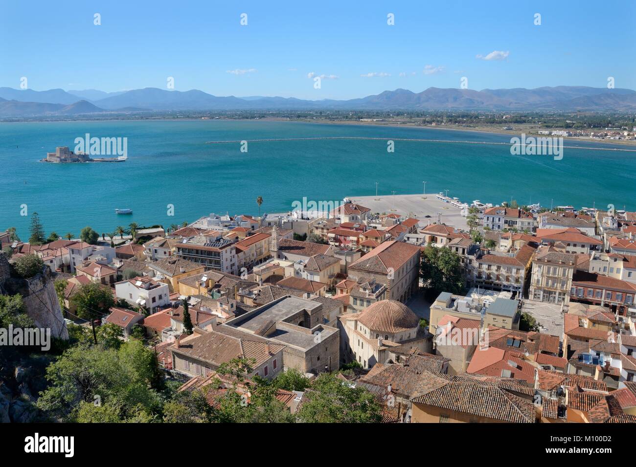 Overview of Nafplio old town and the Bay of Nafplio in the Argolic Gulf, Argolis, Peloponnese, Greece, July. Stock Photo