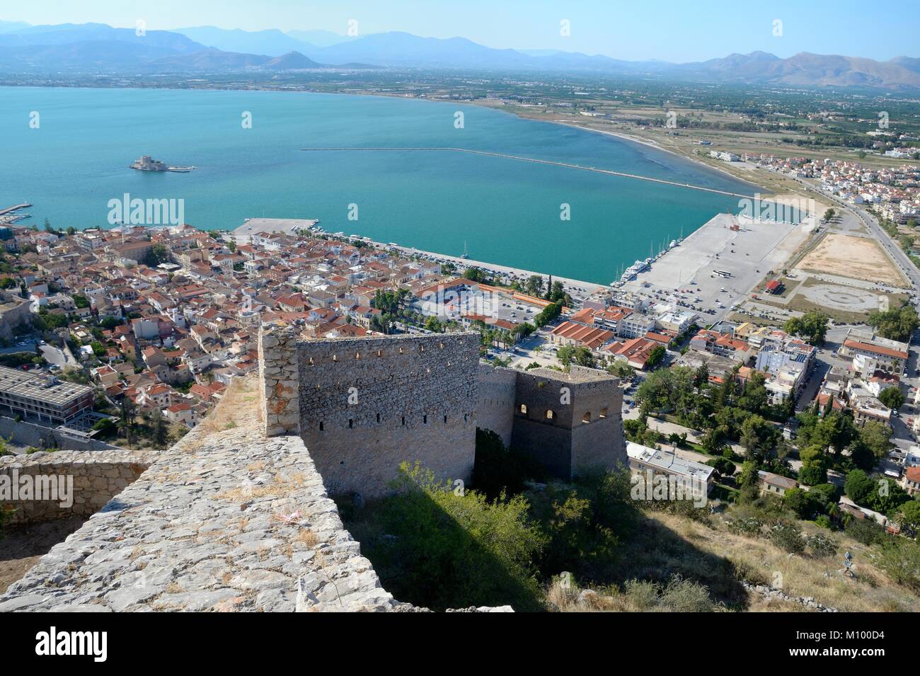 Overview of Nafplio town, harbour and the Bay of Nafplio, from Palamidi castle, Argolis, Peloponnese, Greece, August. Stock Photo