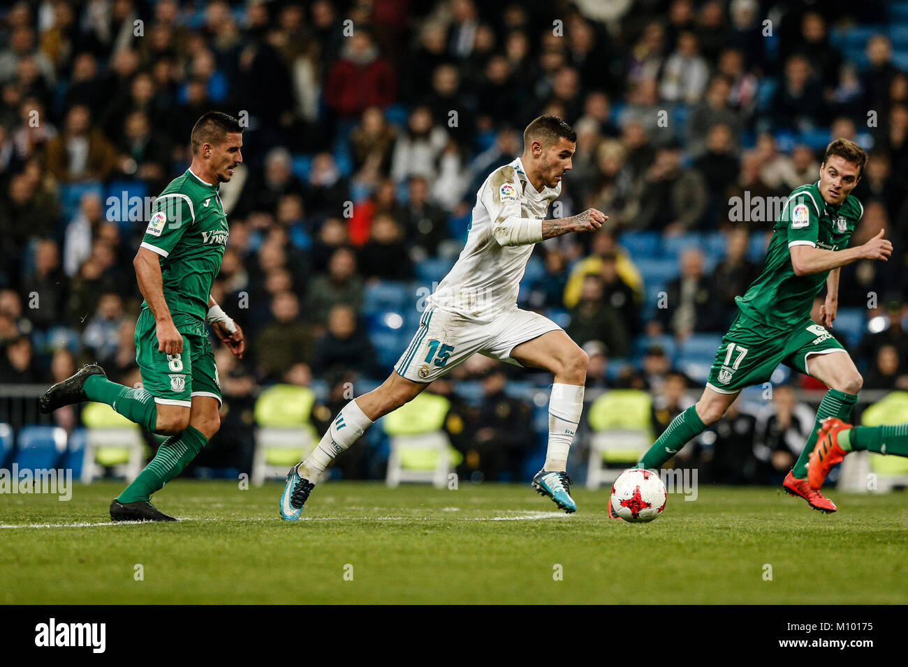 Theo Hernandez (Real Madrid) drives forward on the ball Javier Eraso (Leganes FC), Copa del Rey match between Real Madrid vs Leganes FC at the Santiago Bernabeu stadium in Madrid, Spain, January 23, 2018. Credit: Gtres Información más Comuniación on line, S.L./Alamy Live News Stock Photo