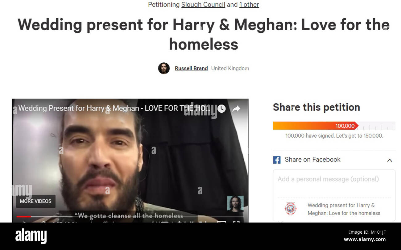 Belfast, UK. 24th January 2018, Over 100,000 people signed Wedding present for Harry & Meghan: Love for the homeless Petition. Slough Councillor Simon Dudley's proposed economic cleanse in preparation of Prince Harry's wedding to Meghan Markle which will take place in Windsor. Award-winning comedian, writer, actor and presenter Russell Brand who started the petition, would like Slough Council to Re-Purpose a building that will allow SHOC (Slough Homeless Our Concern) to have a new home, after SHOC themselves are now being made homeless by Slough council. This means that vulnerable clients who  Stock Photo