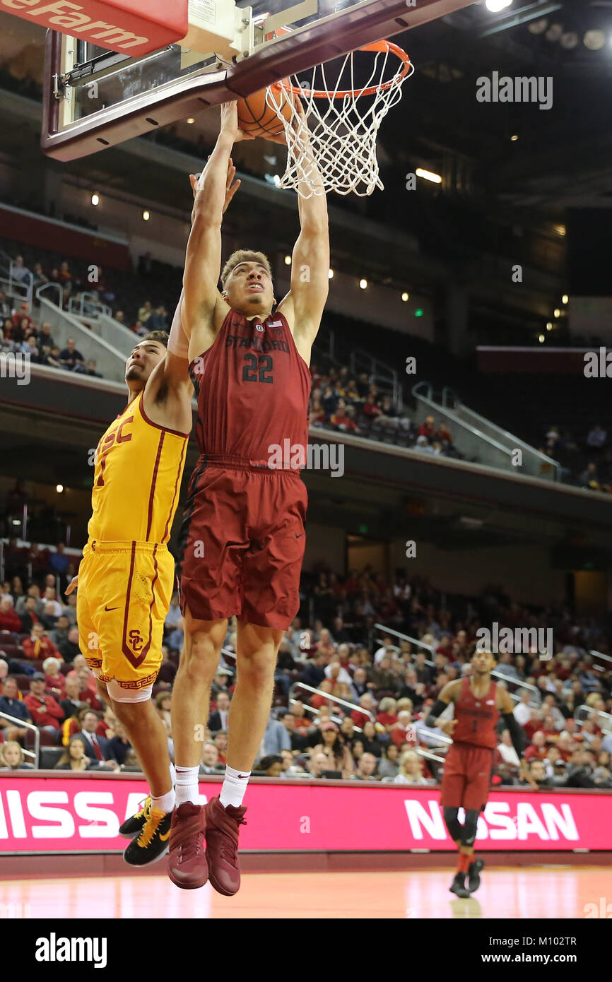 January 26, 2018: Stanford Cardinal forward Reid Travis (22) goes up for a dunk in the game between the Stanford Cardinal and the USC Trojans, The Galen Center in Los Angeles, CA Stock Photo