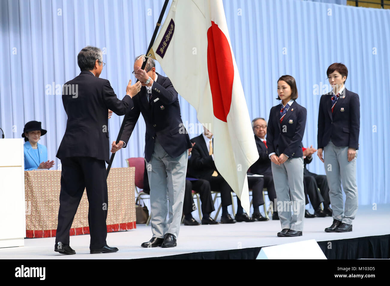 (L-R) JOCTsunekazu Takeda, Yasuo Saito, Sara Takanashi, Nao Kodaira (JPN), JANUARY 24, 2018 : Japan National Team Organization Ceremony for PyeongChang 2018 Olympic Winter Games in Tokyo, Japan. Credit: Yohei Osada/AFLO/Alamy Live News Stock Photo