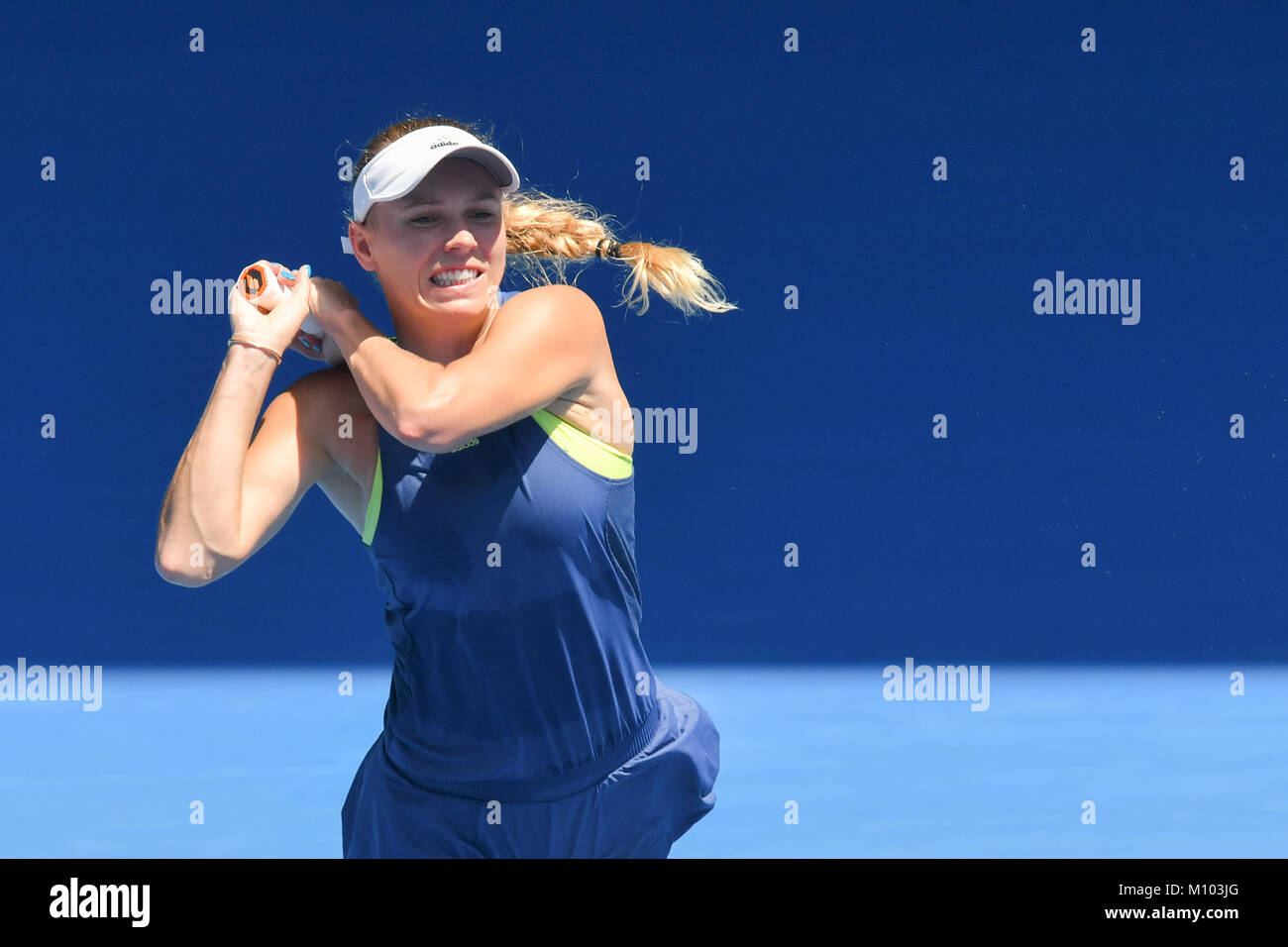 Melbourne, Australia. 25th Jan, 2018. Number two seed Caroline Wozniacki of Denmark in action in a Semifinals match against Elise Mertens of Belgium on day eleven of the 2018 Australian Open Grand Slam tennis tournament in Melbourne, Australia. Wozniacki won 63 76. Sydney Low/Cal Sport Media/Alamy Live News Stock Photo