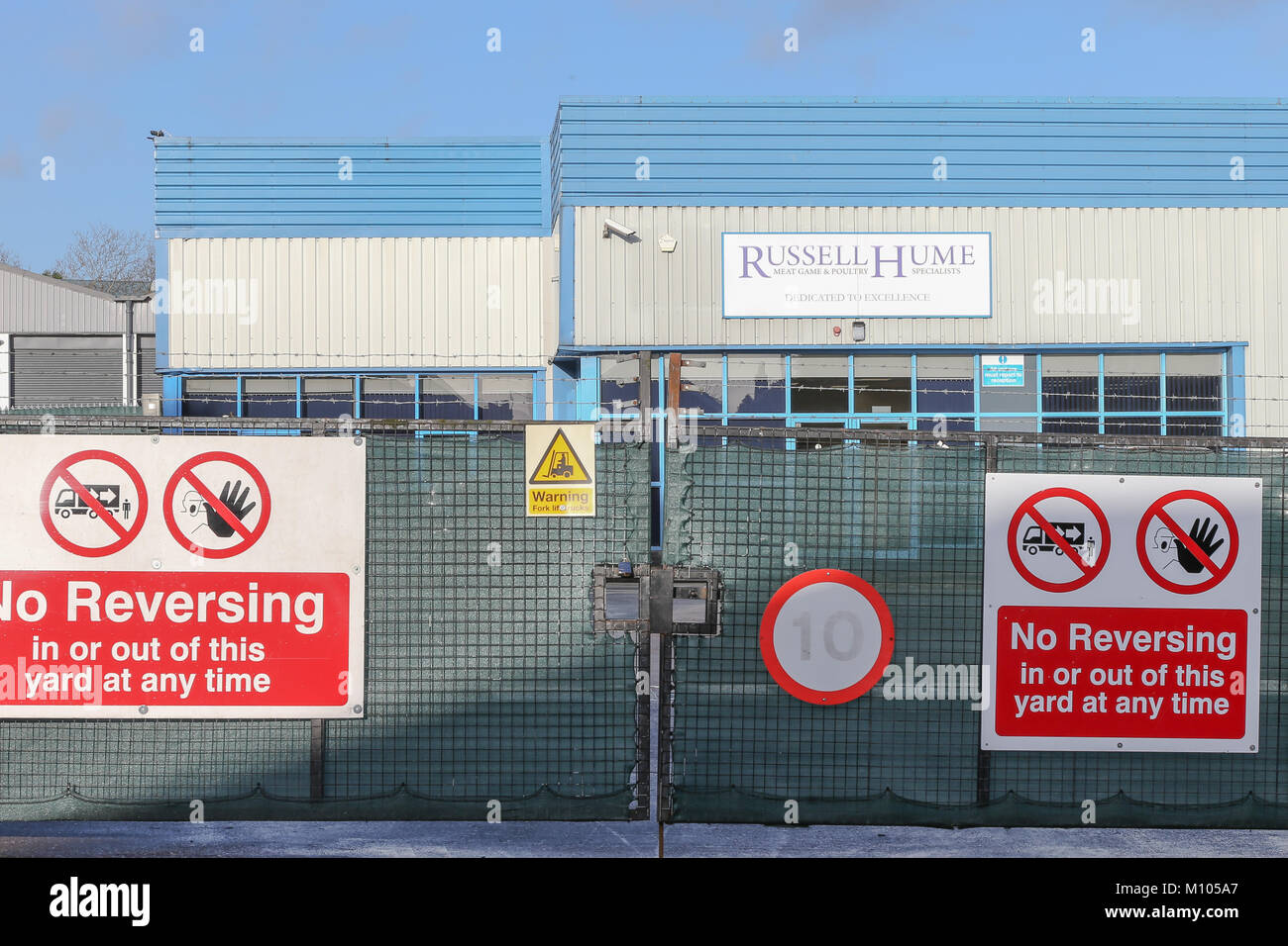 Birmingham, UK. 25th Jan, 2018. Russell Hume, meat suppliers, depot in Birmingham has its gates closed. The firm has been hit by a meat hygiene and mis-labelling investigation by food safety inspectors. The firm supplies Wetherspoons, Jamie's Italian, Butlins, amongst others, as well as care homes and schools in the UK. Credit: Peter Lopeman/Alamy Live News Stock Photo