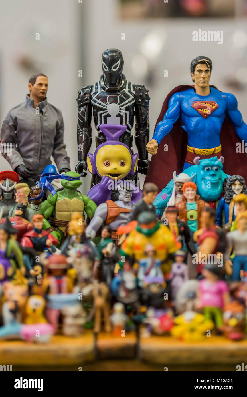 London, UK. 25th Jan, 2018. Toys, including a Tinky Winkie Teletubby, saved from landfill by The Toy Project Charity, which recycles unwanted toy to children who need them, including the Grenfell Tower nursery - The annual Toy Fair at Olympia, London. Credit: Guy Bell/Alamy Live News Stock Photo