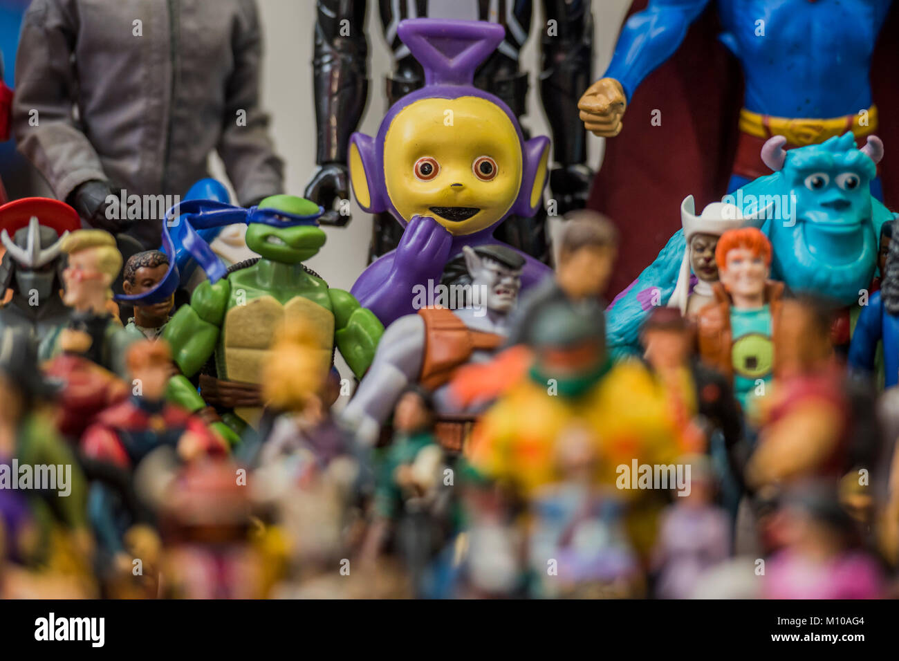 London, UK. 25th Jan, 2018. Toys, including a Tinky Winkie Teletubby, saved from landfill by The Toy Project Charity, which recycles unwanted toy to children who need them, including the Grenfell Tower nursery - The annual Toy Fair at Olympia, London. Credit: Guy Bell/Alamy Live News Stock Photo