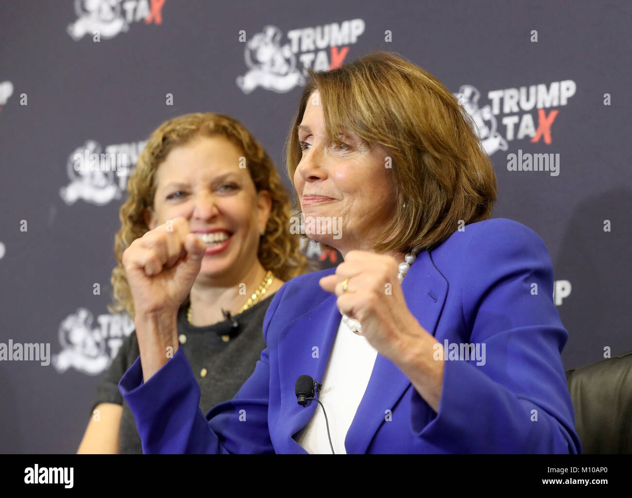 Boca Raton, FL, USA. 26th Jan, 2018. U.S. Rep. Debbie Wasserman Schultz and House Democratic leader Nancy Pelosi speak during a town hall meeting Thursday hosted by the Florida Atlantic University College Democrat and discuss the new tax law signed by President Donald Trump. Mike Stocker, South Florida Sun-Sentinel Credit: Sun-Sentinel/ZUMA Wire/Alamy Live News Stock Photo