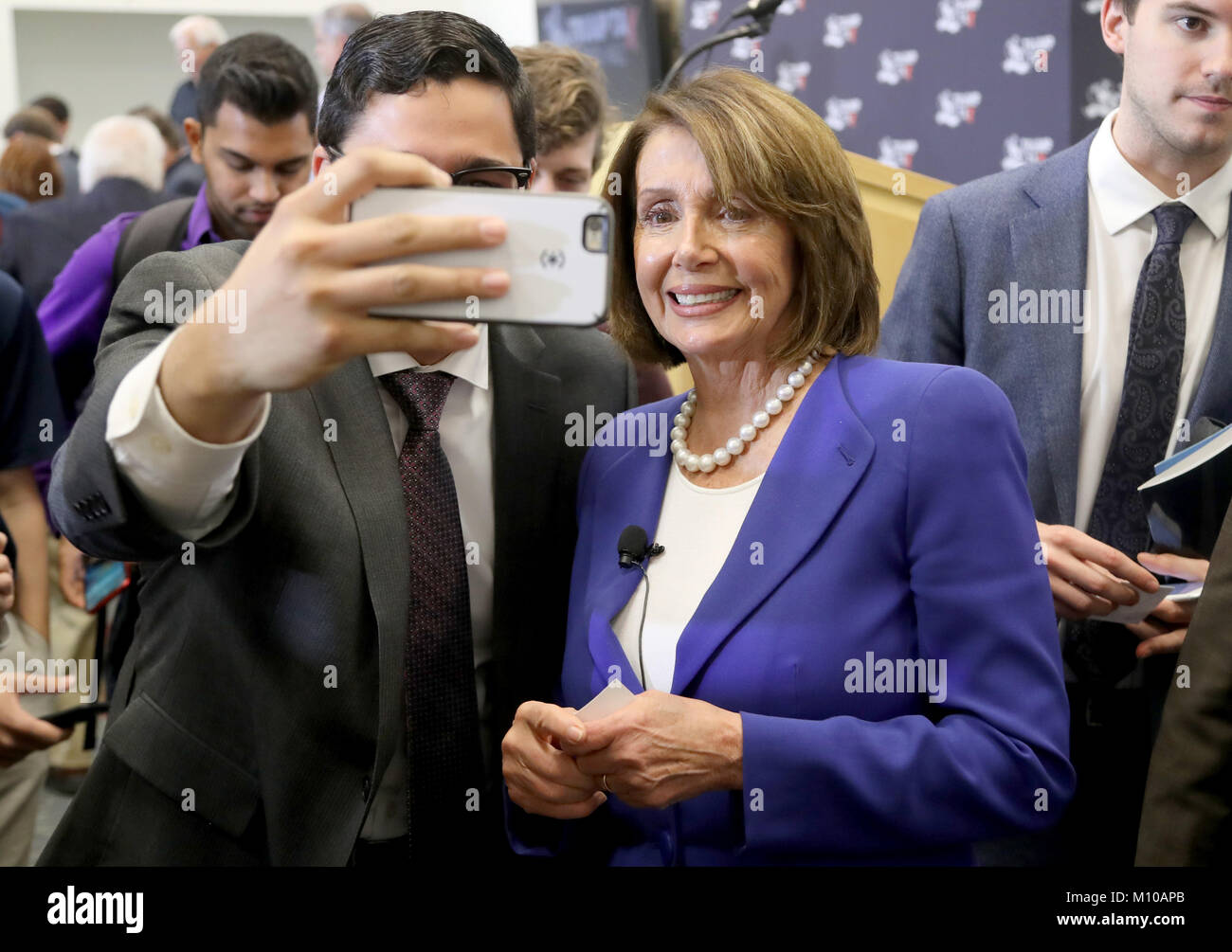 January 27, 2018 - Boca Raton, FL, USA - House Democratic leader Nancy Pelosi poses for a photo after a town hall meeting Thursday hosted by the Florida Atlantic University College Democrat and discuss the new tax law signed by President Donald Trump. Mike Stocker, South Florida Sun-Sentinel  (Credit Image: © Sun-Sentinel via ZUMA Wire) Stock Photo