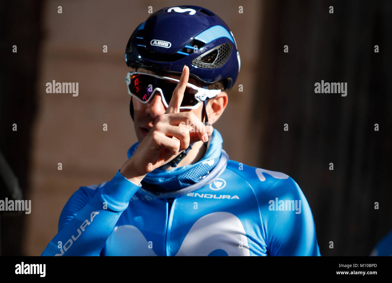 Mallorca, Spain. 25th Jan, 2018. The Spanish cyclist Moviestar team rider CARLOS BARBERO gestures before the Mallorca Challenge first stage in the village of Campos in Mallorca, Spain. Mafalda/Alamy Live News Stock Photo