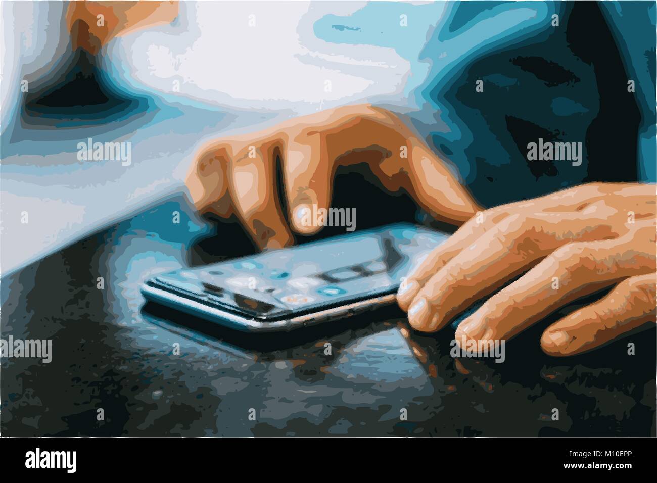 Person interacting with smart phone on table Stock Vector