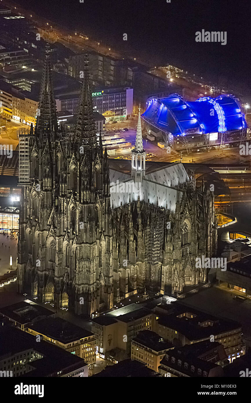 Aerial view, Cologne Cathedral at night, Cologne Cathedral is the