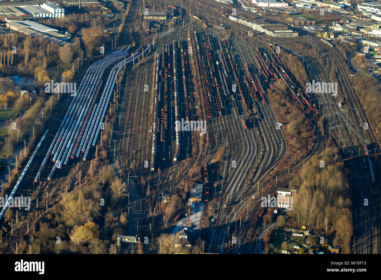 Aerial view, Hamm freight yard, railway tracks, railway yard, waggons, Hamm, Ruhr area, North Rhine-Westphalia, Germany, Europe, birds-eyes view, aeri Stock Photo