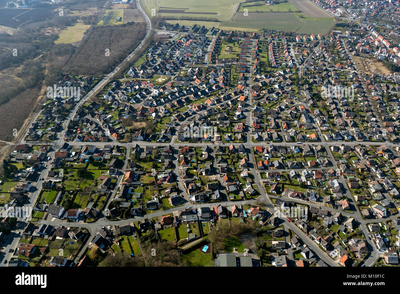 Aerial view, Bockum-Hoevel, new housing estate u.a. Bluecherstrasse, Hamm, Ruhr area, North Rhine-Westphalia, Germany, Europe, birds-eyes view, aerial Stock Photo