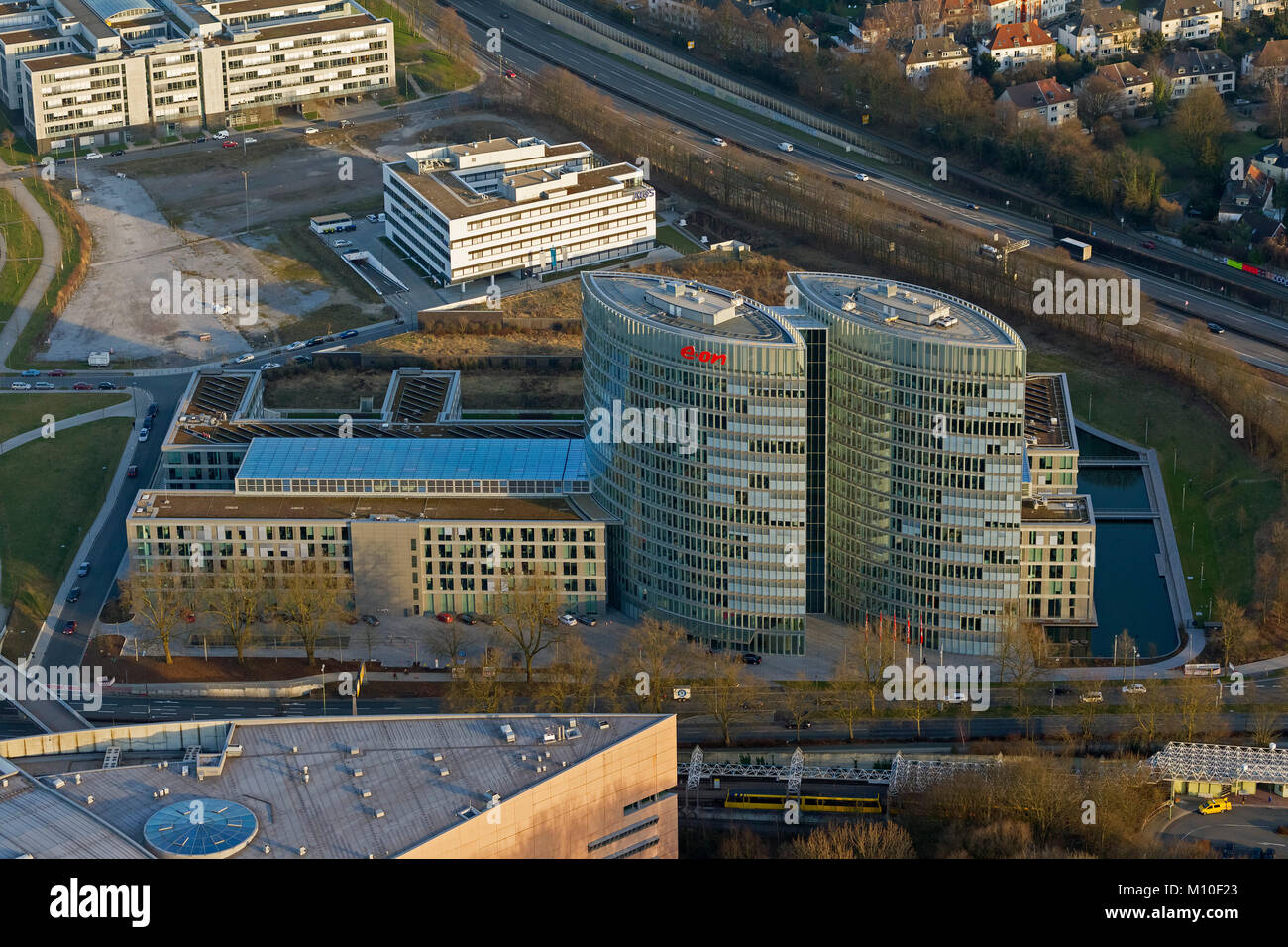 Aerial view, EON Ruhrgas Headquarters Essen Bredeney, Essen, Ruhr, Nordrhein-Westfalen, Germany, Europe, birds-eyes view, aerial view, aerial photogra Stock Photo