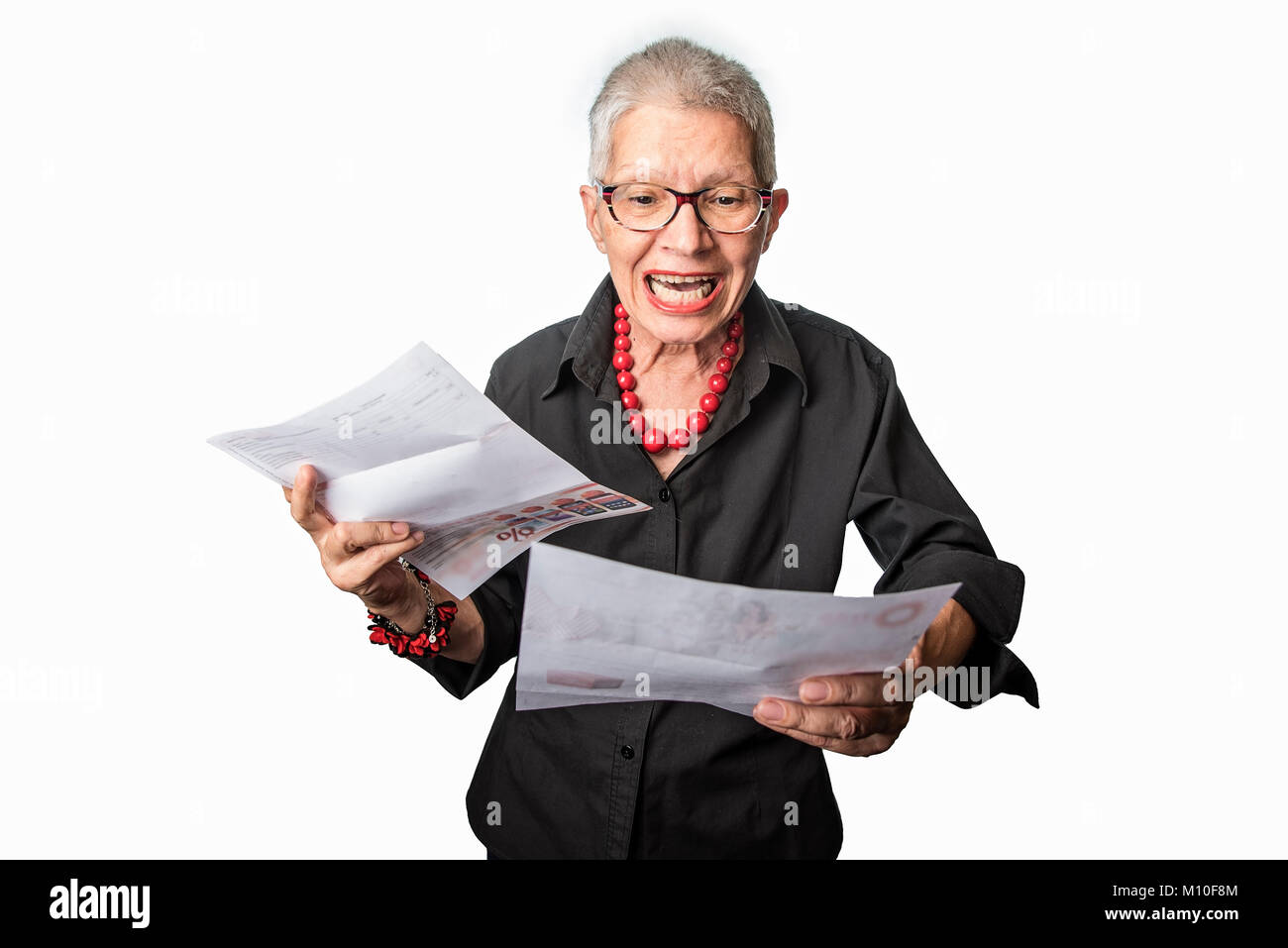 Enraged granny yelling at electricity company Stock Photo