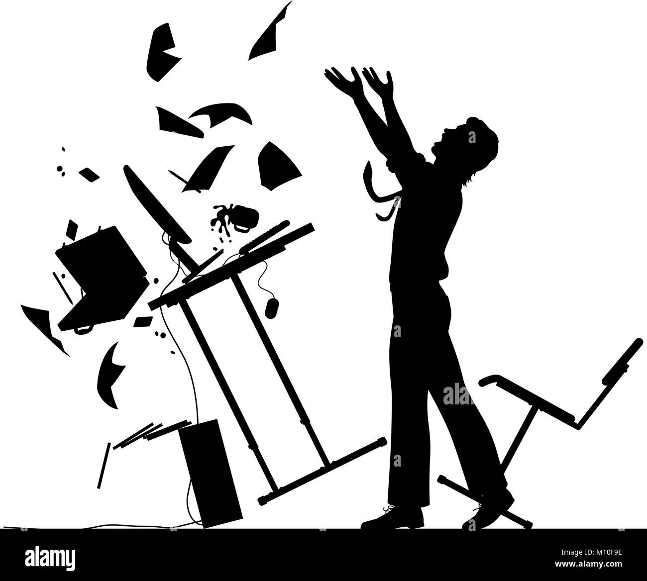 Editable vector silhouette illustration of a frustrated office worker throwing his desk over Stock Vector