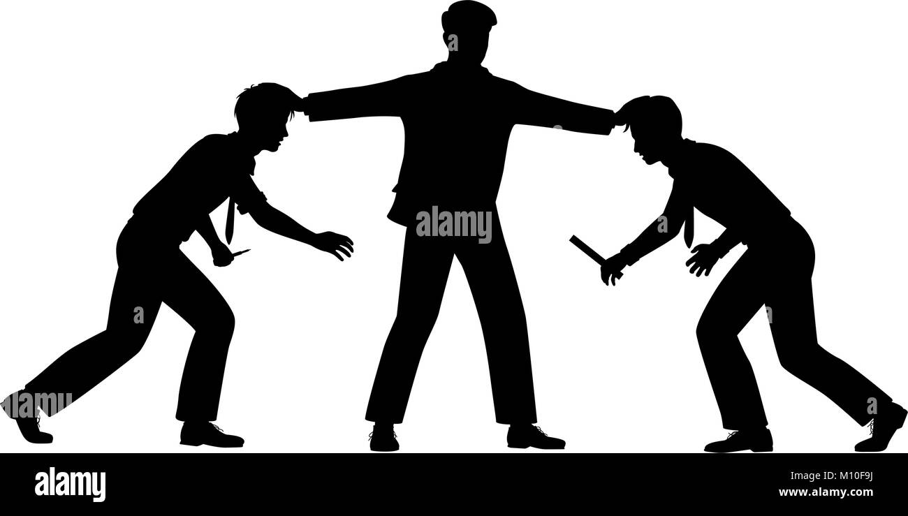 Editable vector silhouette illustration of two office workers held apart by a manager with figures as separate objects Stock Vector