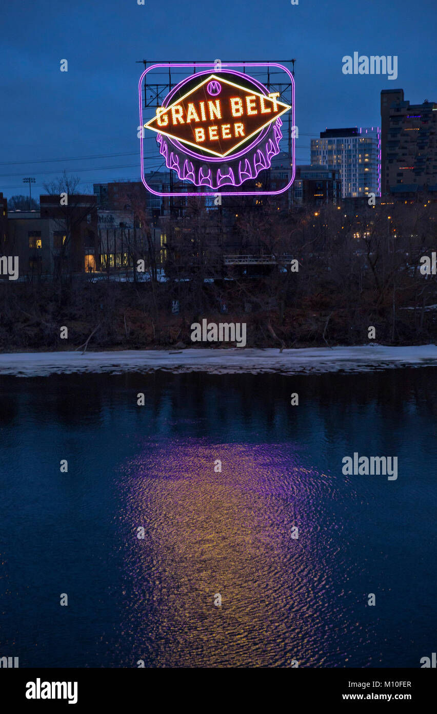 The iconic 1941 Grain Belt Beer sign in shades of neon purple in