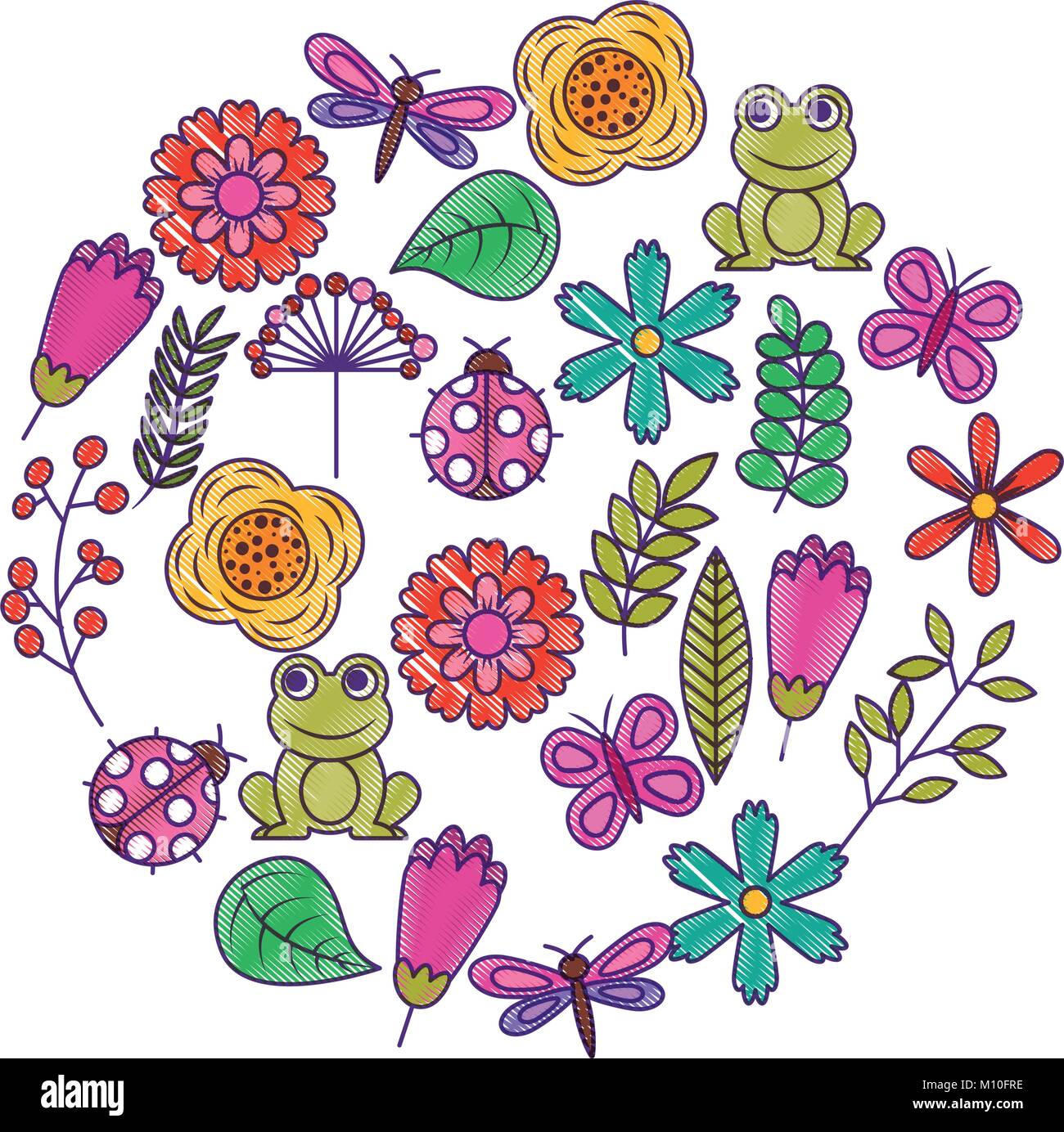 set of spring theme nature flowers love birds butterflies ladybugs frog dragonfly Stock Vector